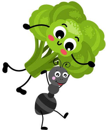 Cute ant carrying a funny broccoli mascotのイラスト素材