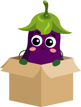 Funny eggplant mascot in cardboard boxのイラスト素材