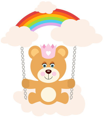 Princess teddy bear on swing made of clouds and rainbowのイラスト素材