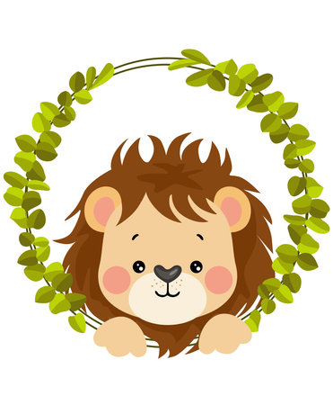 Cute lion peeking out of the frame of green leavesのイラスト素材