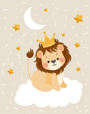 Good night card with king lion on cloudのイラスト素材