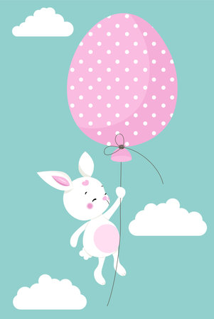 Cute illustration with funny bunny flying with easter egg balloonのイラスト素材