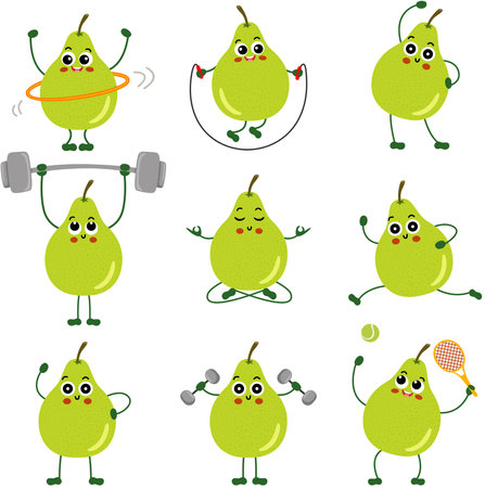 Set of funny pear mascot making gymのイラスト素材