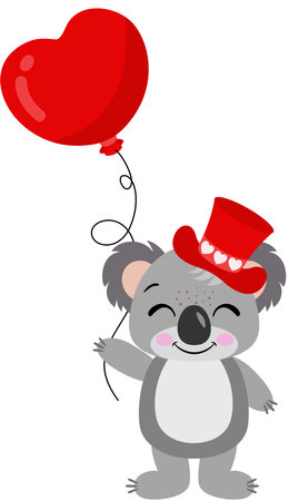 Cute koala with red hat holding a heart balloonのイラスト素材