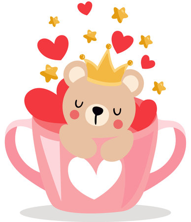 Cute teddy bear with crown on head inside love cupのイラスト素材