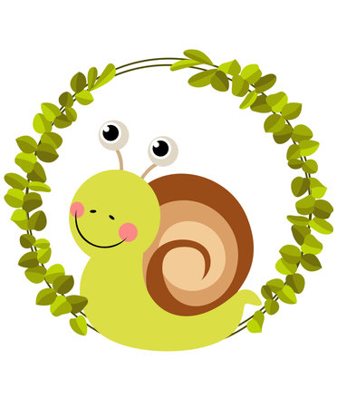 Funny snail in the frame of green leavesのイラスト素材