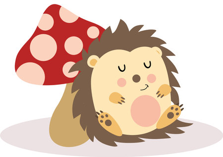 Cute hedgehog sleeping against the mushroomのイラスト素材