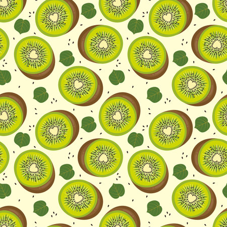 Seamless background pattern with fresh kiwis and leavesのイラスト素材