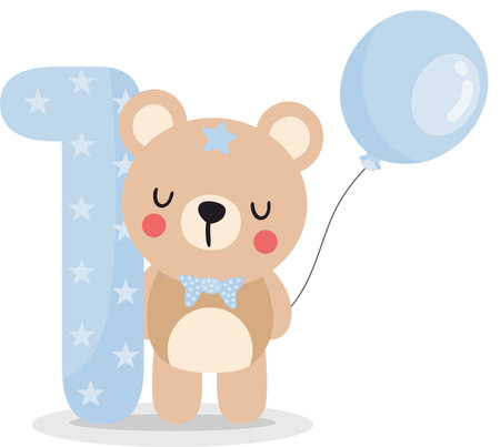 Cute teddy bear boy with balloon to celebrate happy 1st year or 1st monthのイラスト素材
