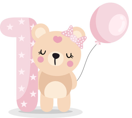 Cute teddy bear girl with balloon to celebrate happy 1st year or 1st monthのイラスト素材