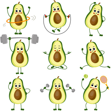 Set of funny avocado mascot making gymのイラスト素材
