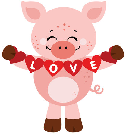 Loving pig holding a love red heart flag garlandのイラスト素材