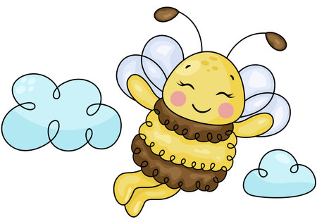 Funny bee flying in the sky with cloudsのイラスト素材