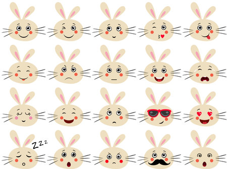 Set of a cute rabbit face with different expressionsのイラスト素材