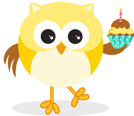 Adorable yellow owl holding a small birthday cakeのイラスト素材