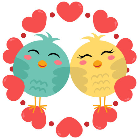 Funny couple birds on round frame with red heartsのイラスト素材