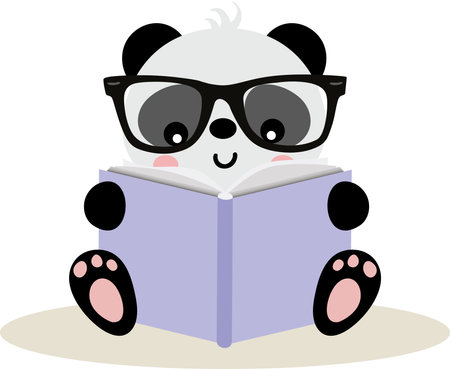 Cute panda sitting reading a bookのイラスト素材