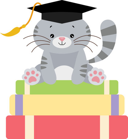 Cute cat with graduation cap sitting on top of booksのイラスト素材