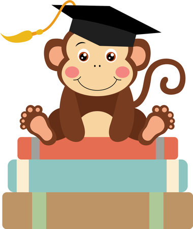 Cute monkey with graduation cap sitting on top of booksのイラスト素材