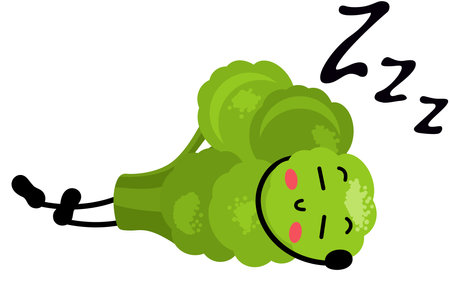 Fresh green broccoli funny mascot sleepingのイラスト素材