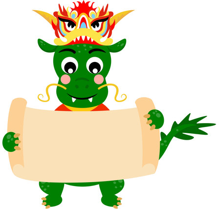 Cute green dragon of chinese new year with blank parchment paperのイラスト素材