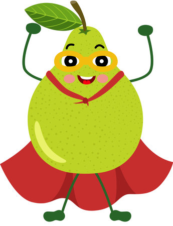Cute green pear mascot in traditional costume of superheroのイラスト素材