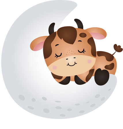 Adorable cow sleeping on moonのイラスト素材