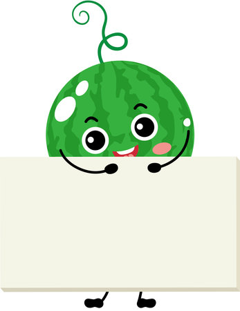 Funny watermelon mascot holding a blank signboardのイラスト素材