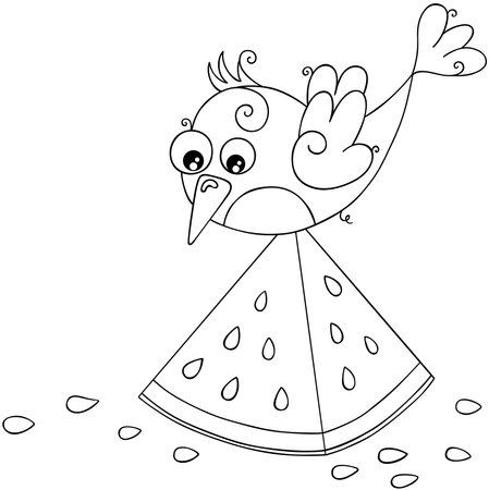 Cute bird and watermelon slice coloring pageのイラスト素材