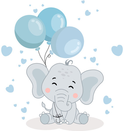 Cute baby elephant sitting holding a balloonのイラスト素材