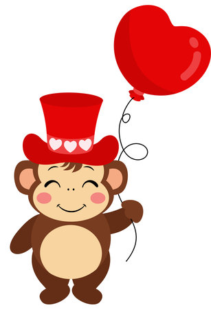 Cute monkey with red hat holding a heart balloonのイラスト素材