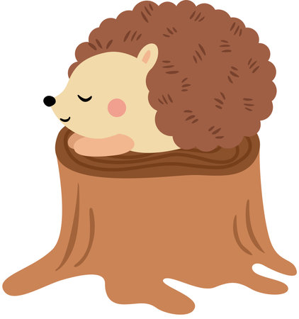 Cute brown hedgehog sleeping on a tree trunkのイラスト素材