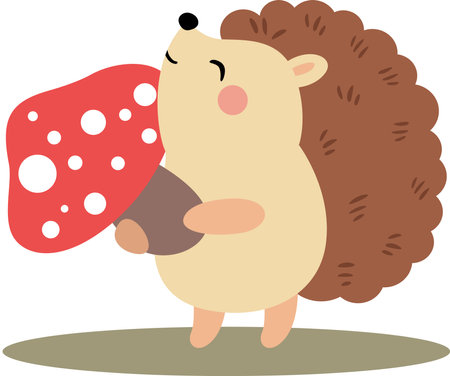 Happy brown hedgehog holding a red mushroomのイラスト素材