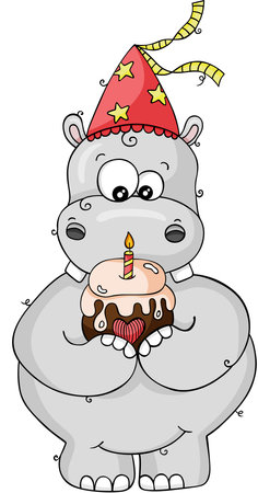 Cute birthday hippo holding a cake with candleのイラスト素材