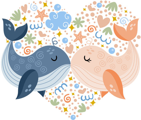 Beautiful adorable whale couple on heartのイラスト素材