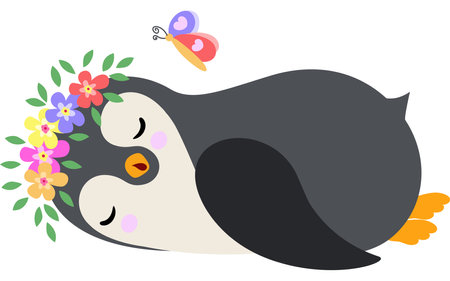 Lovely penguin sleeping with floral wreath on headのイラスト素材