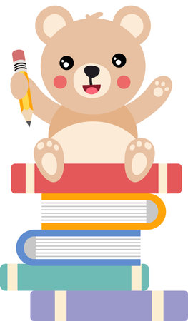 Cute teddy bear student holding pencil on top of booksのイラスト素材