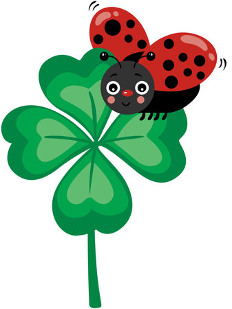 Cartoon ladybugs on a clover leaf. Vector illustration.のイラスト素材