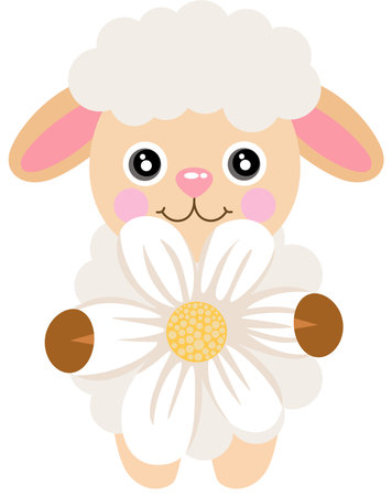 A cute cartoon sheep with a flower in its mouth. Vector illustration.のイラスト素材