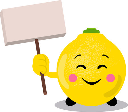 Illustration of a lemon holding a sign with a blank signboardのイラスト素材