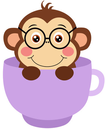 Cute monkey in a cup of coffee or tea, vector illustrationのイラスト素材