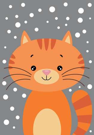 Cute cartoon cat on a gray background with snow. Vector illustration.のイラスト素材
