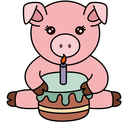 Cute pig with birthday cake. Vector illustration of a cartoon pig.のイラスト素材