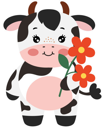 Cute cow with a bouquet of flowers. Vector illustration.のイラスト素材