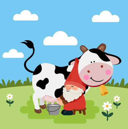 Illustration of a Cute Cartoon Cute Cow and a Farmerのイラスト素材