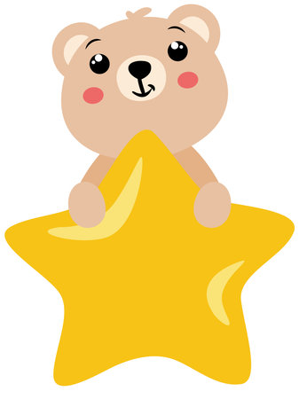 Illustration of a cute teddy bear sitting on a yellow starのイラスト素材