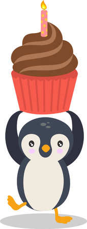Cute penguin with a birthday cake. Vector illustration isolated on white background.のイラスト素材