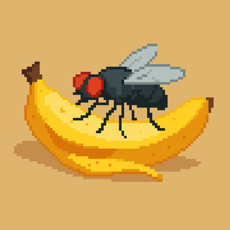 Pixel Art Rendering of Large Black Housefly Resting On Ripe Bananaのイラスト素材