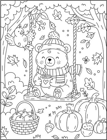 Cozy Autumn Bear Swinging in the Forestのイラスト素材