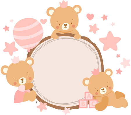 Cute teddy bears with a round frame. Vector illustration.のイラスト素材